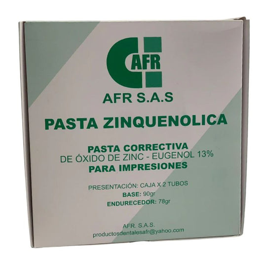 Pasta Zinquenolica AFR x Caja. Base de 90 g de óxido de zinc y 78 g de endurecedor con ácido eugenólico. Presenta alt...