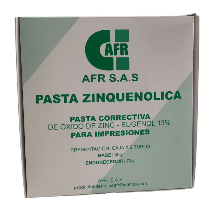 Pasta Zinquenolica AFR x Caja. Base de 90 g de óxido de zinc y 78 g de endurecedor con ácido eugenólico. Presenta alt...