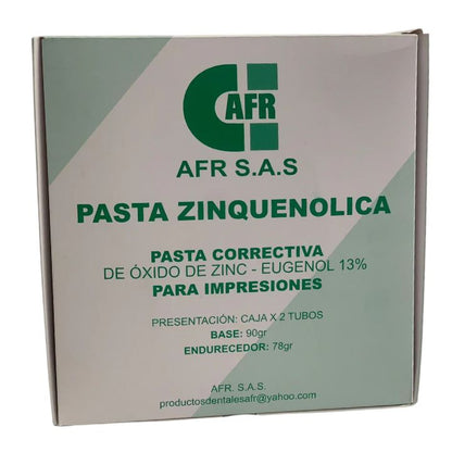 Pasta Zinquenolica AFR x Caja. Base de 90 g de óxido de zinc y 78 g de endurecedor con ácido eugenólico. Presenta alt...