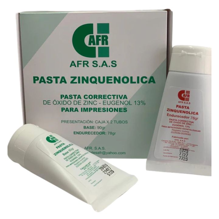 Pasta Zinquenolica AFR x Caja. Base de 90 g de óxido de zinc y 78 g de endurecedor con ácido eugenólico. Presenta alt...