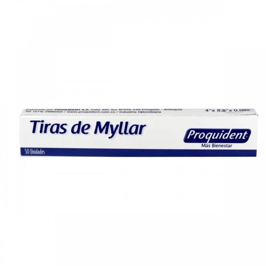 Tiras De Myllar Caja X 50 Proquident. Tiras de mylllar son cintas de Poliéster transparentes, con dimensiones: 4” x 3...