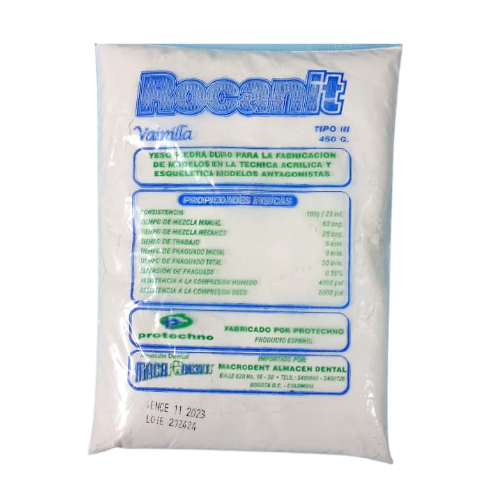 Yeso Tipo 3 x 450 Gr Rocanit. Yeso tipo 3 insumo dental mejorado de baja expansión. ISO 6873 TIPO: 3 Relación de mezc...